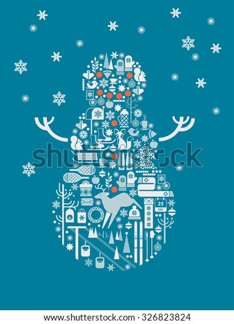 Illustration of snowman made of winter activity symbols.
