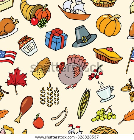 Vector seamless pattern with hand drawn colorful Thanksgiving images. Thanksgiving design elements. Perfect for Thanksgiving holiday prints and patterns.