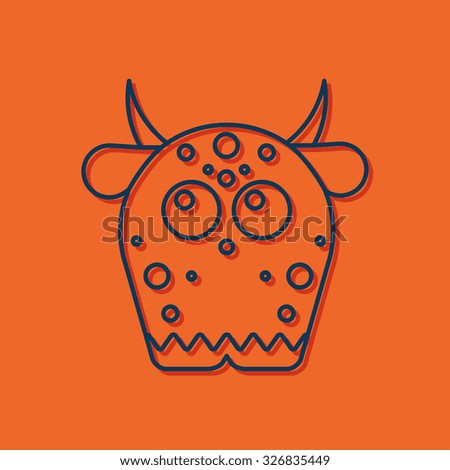 Vector blue outline dinosaur monster icon on orange background with shadow 
