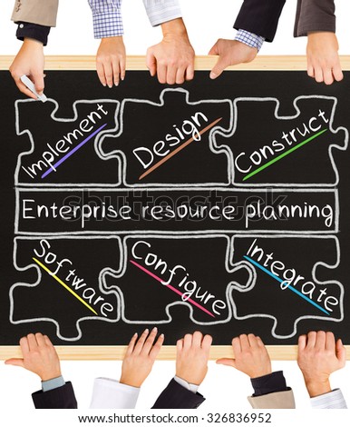 Photo of business hands holding blackboard and writing E-Enterprise Resource Planning diagram