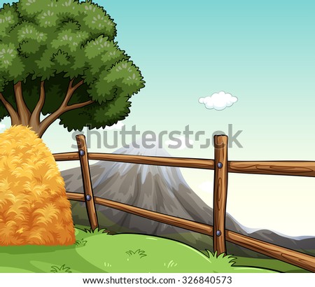 Farm scene with haystack by the fence illustration