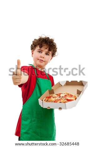 Boy holding pizza isolated on white background