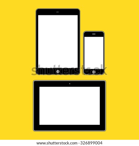 Different modern personal gadgets on yellow background. Flat design.  Illustration Similar To iPhone iPad.