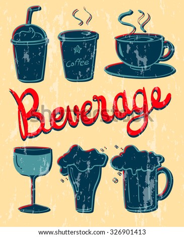 Different kind of beverage in vintage design illustration