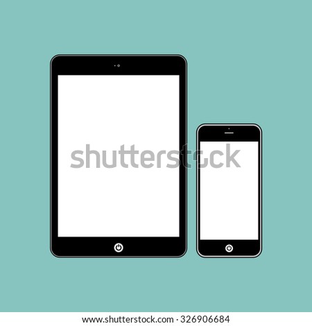  Business Phone and Tablet with blank white screens on green background.  Illustration Similar To iPhone iPad.