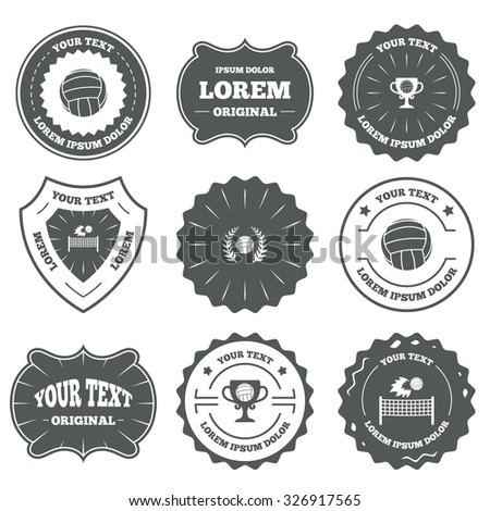 Vintage emblems, labels. Volleyball and net icons. Winner award cup and laurel wreath symbols. Beach sport symbol. Design elements. Vector