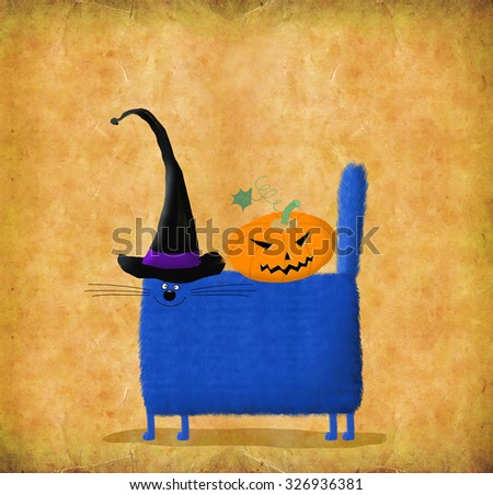 Funny Halloween Card: square blue cat in witch's hats with pumpkin head on its back