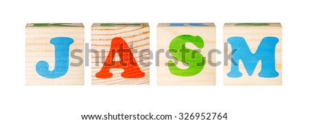 wooden blocks with the word jasm isolated on a white background