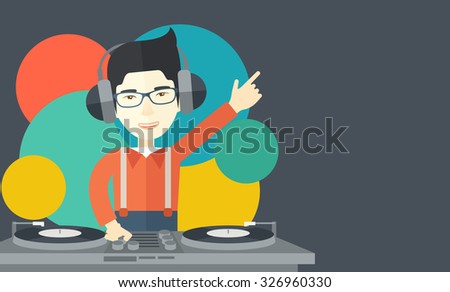 An Asian DJ wearing headphones and glasses with hand up playing vinyl vector flat design illustration. Horizontal layout with a text space.