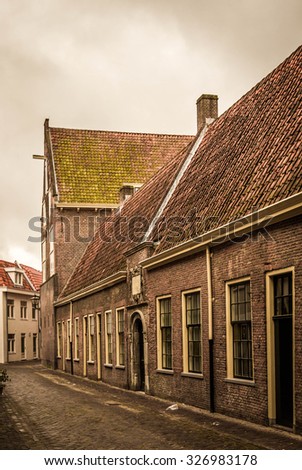 Vintage looking picture of a narrow street in Leiden, Holland