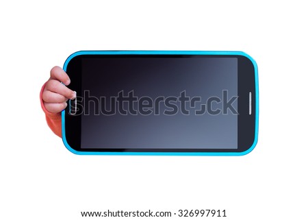 Baby hand holding smartphone with blank screen isolated on white