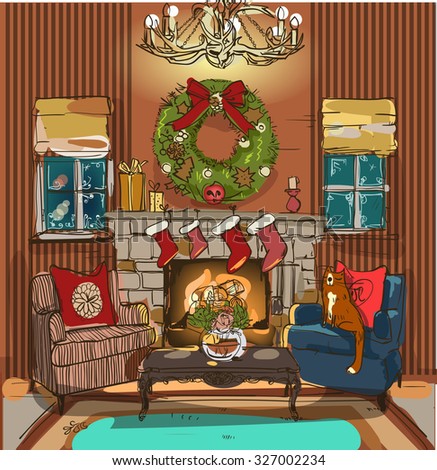 christmas interior with fireplace