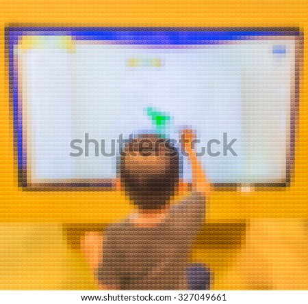blur image of kids touching on big touch screen  computer.(Mosaic pattern effect image)