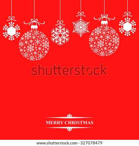 Vector illustrations of background with hanging Christmas baubles and snowflakes on red background Royalty-Free Stock Photo #327078479