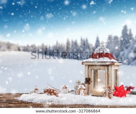 Christmas still life background with decoration in snow