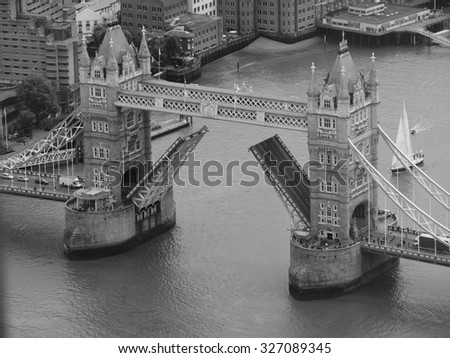 Aerial view of Tower Bridge in London, UK in black and white