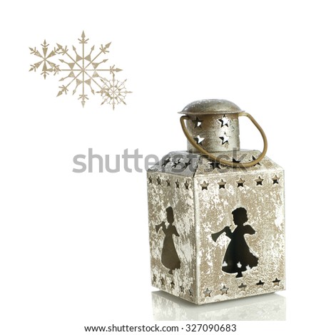Old Christmas lantern with angels, stars ornaments on white background. Snowflakes.