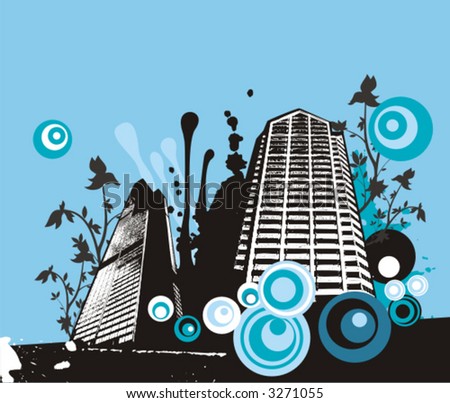 Urban buildings vector background with grunge and floral elements. Check my portfolio for much more of this series as well as thousands of similar and other great vector items.