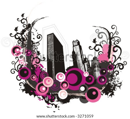 City vector grunge background with floral and ornate elements. Check my portfolio for much more of this series as well as thousands of similar and other great vector items.