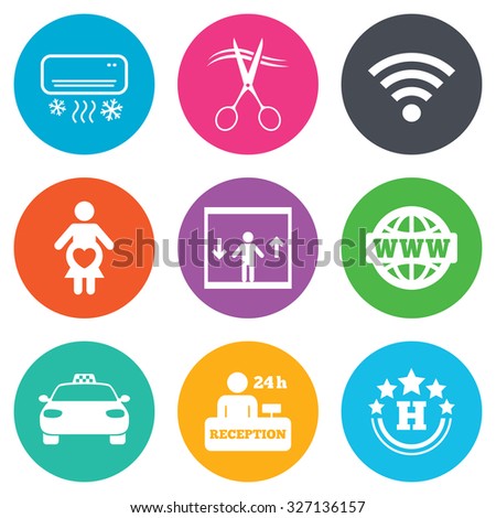 Hotel, apartment service icons. Barbershop sign. Pregnant woman, wireless internet and air conditioning symbols. Flat circle buttons. Vector