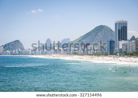 Scenic view of Copacabana Beach with skyline of Rio de Janeiro Brazil