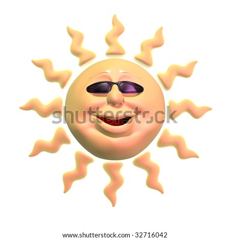 Cartoon sun with sun glasses shining brightly on white background. Clipping path included.