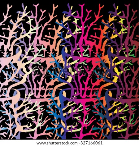 Vector illustration of abstract hand drawn trees growing out of trees. Branches, twigs, antlers, mushroom, coral. Black, spectrum, rainbow. Matisse inspired. Background, pattern, texture.
