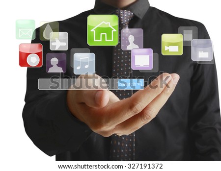 male touching virtual icon of social network