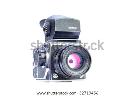 Professional digital photo camera with zoom lens on white background