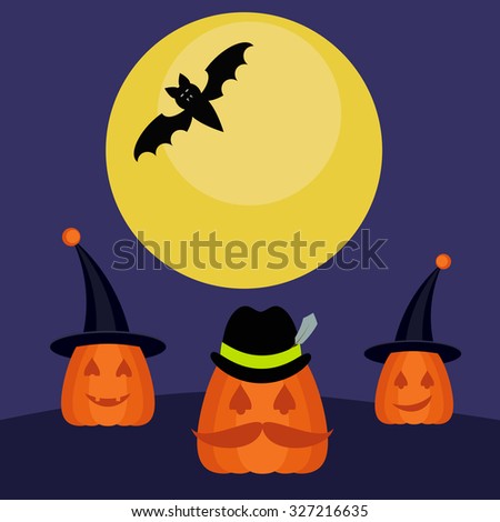 Halloween composition with pumpkin family with hats, full moon and bat at midnight