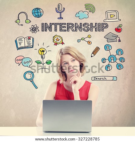 Internship concept with young woman working on a laptop 