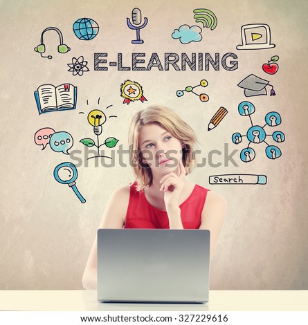  E-learning concept with young woman working on a laptop 