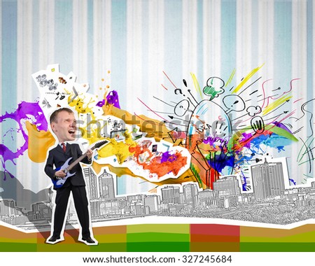 Young businessman playing guitar at composite collage background