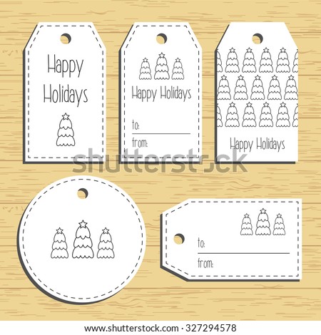 Christmas gift tags. Ready to use. Christmas greeting. Wooden background. Vector illustration