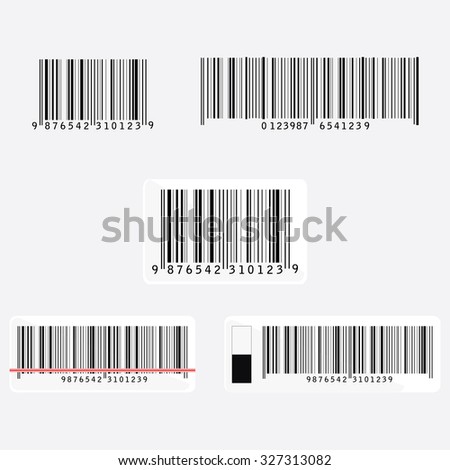 Bar code vector icon set or collection. Barcode icon. Bar code tag, sticker. Bar code scanning with laser beam, light