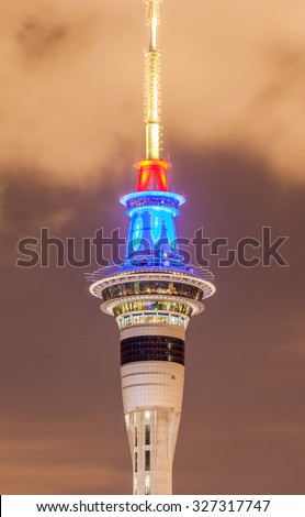 Closeup Sky tower under twilight sky background in Auckland, New Zealand.