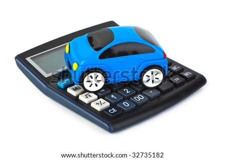 Calculator and toy car isolated on white background