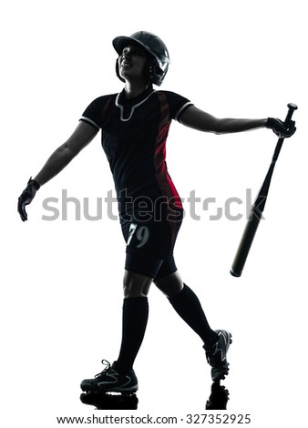 one woman playing softball players in silhouette isolated on white background