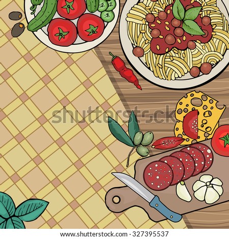 Italian food with plate of pasta, various products and utensils, vector illustration