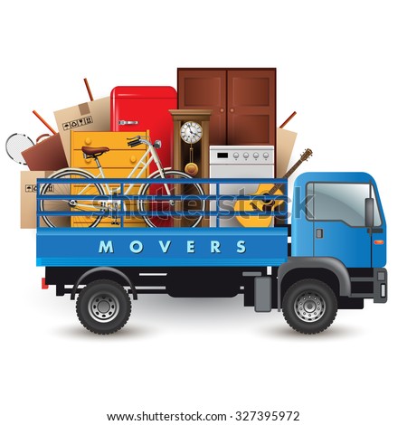 Moving services. Truck car with stuff on the top. Vector illustration