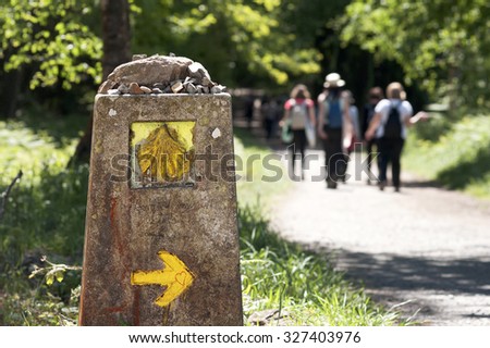 Way of St James , Camino de Santiago ,  sign shells  marks for pilgrims to Compostela Cathedral ,Galicia, Spain
 Royalty-Free Stock Photo #327403976