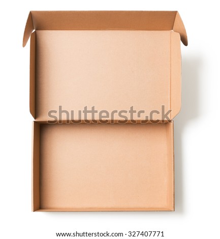Open cardboard box top view isolated  Royalty-Free Stock Photo #327407771