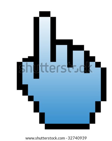 Black pointing hand computer icon symbol, isolated over white background.