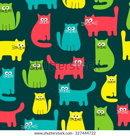 Hand drawn seamless pattern with cute colorful cats. Bright colors. Vector background for baby.