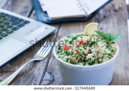 Healthy eating for lunch to work. Food in the office Royalty-Free Stock Photo #327448688