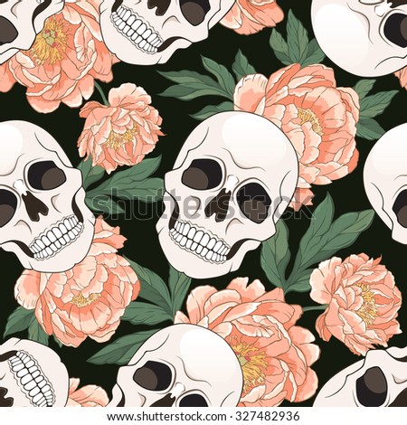 Gothic seamless pattern with pink peonies and skulls. Vector illustration