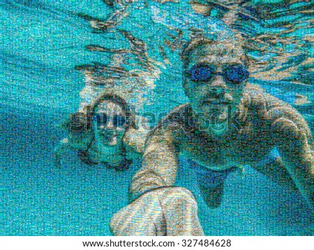 Mosaic. Big photo composed of many small pictures. Couple in love diving. They have goggles.  Huge photo, dimensions 10000px x 7500px.