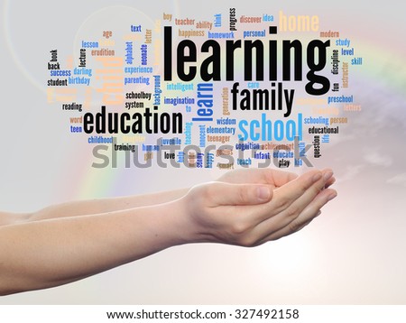 Concept or conceptual education abstract word cloud, human man hand, rainbow sky background, metaphor to child, family, school, life, learn, knowledge, home, study, teach, achievement, childhood, teen