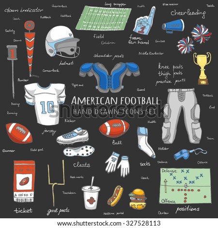 Hand drawn doodle american football set Vector illustration Sketchy sport related icons football elements, ball helmet jersey pants knee thigh shoulder pads cleats field cheer leading down indicator