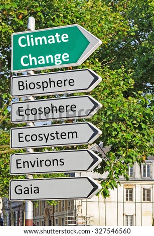 A concept road sign pointing in the direction of 'Climate Change' with some descriptive words underneath